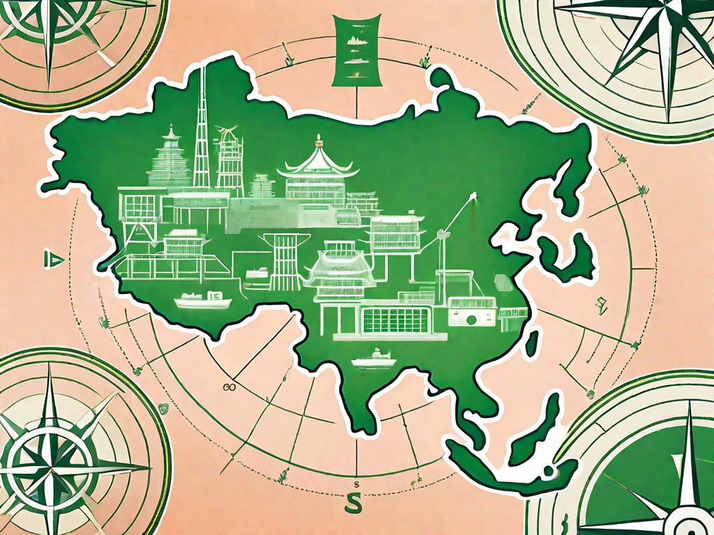 A compass superimposed on a stylized map of china