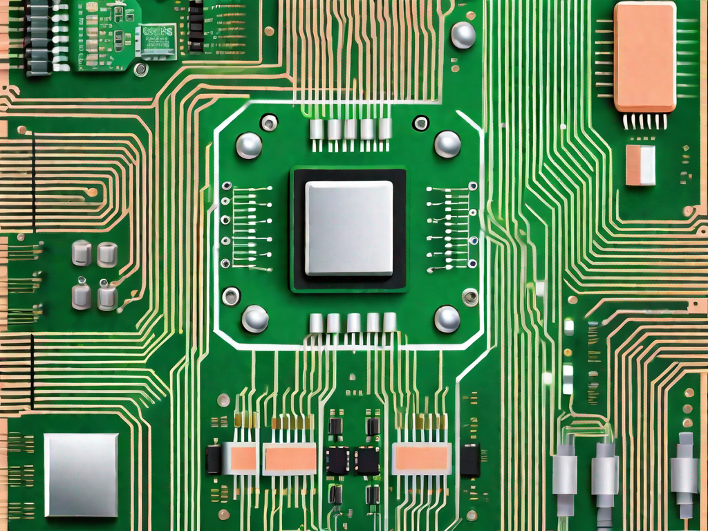 An integrated circuit board with various components such as microchips