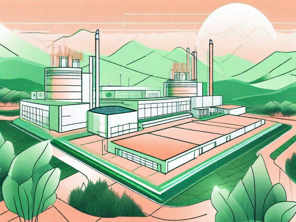 A high-tech semiconductor factory with a chinese landscape in the background