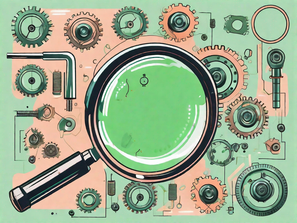 A magnifying glass hovering over a variety of mechanical parts